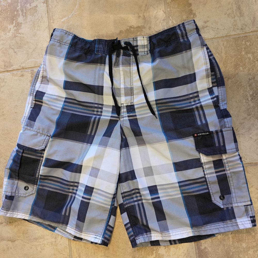 Airwalk Blue and White Plaid Swim‎ Board Shorts